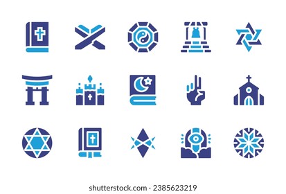 Spirituality icon set. Duotone color. Vector illustration. Containing star of david, bible, church, temple, mandala, quran, candle, bell, blessing, heaven, yin yang, koran, thelema.