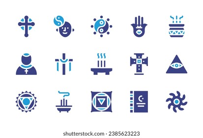 Spirituality icon set. Duotone color. Vector illustration. Containing incense, cross, god, priest, alternate, vishuddha, yin yang, muladhara, hamsa, koran, harmony.