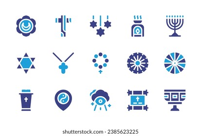 Spirituality icon set. Duotone color. Vector illustration. Containing menorah, svadhishthana, dharma wheel, star of david, baptism, lectern, cross, rosary, god, incense burner, torah, yoga.