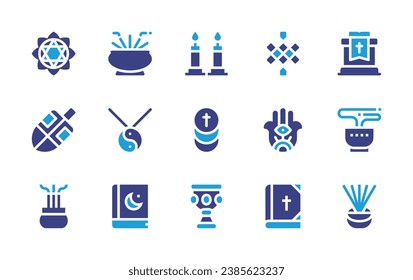 Spirituality icon set. Duotone color. Vector illustration. Containing sermon, anahata, tea, dreidel, karma, incense stick, incense burner, candle, host, holy grail, endless knot, hamsa, bible.