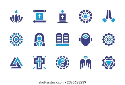 Spirituality icon set. Duotone color. Vector illustration. Containing pray, ayyavazhi, mandala, manipura, valknut, scroll, nun, cross, davids star, third eye, angel, candle, ten commandments.