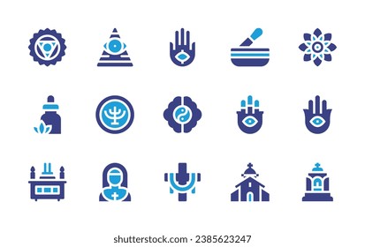 Juego de iconos de espiritualidad. Color de duotona. Ilustración vectorial. Conteniendo mandala, vishuddha, hamsa, aceite esencial, reliquia, culto, ocult, hanukkah, monja, yin yang, cruz, tazón tibetano, iglesia.