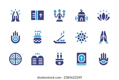 Spirituality icon set. Duotone color. Vector illustration. Containing spiritual, praying, jainism, hamsa, isese, bible, incense, ten commandments, adhan, dharma wheel, candle, incense burner.