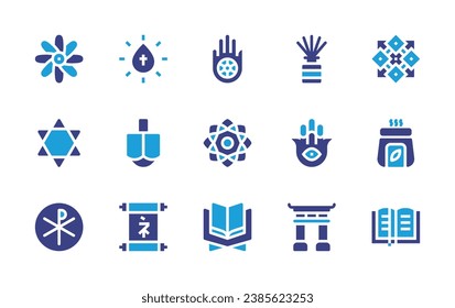 Spirituality icon set. Duotone color. Vector illustration. Containing jainism, mandala, quran, bach flowers, aromatherapy, star of david, bible, chi rho, holy water, dreidel, parchment, incense sticks