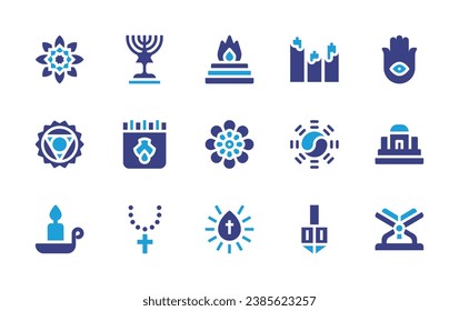 Spirituality icon set. Duotone color. Vector illustration. Containing yajna, mandala, holy water, hamsa, sahasrara, temple, vishuddha, quran, candle, menorah, yin yang, spinning top, calendar, rosary.