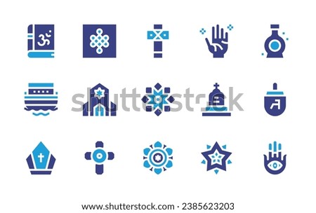 Spirituality icon set. Duotone color. Vector illustration. Containing crucifixion, synagogue, spinning top, mandala, unguent, hinduism, grave, noahs ark, pope crown, faith, hamsa, endless knot.