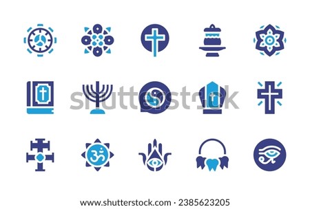 Spirituality icon set. Duotone color. Vector illustration. Containing mandala, menorah, cross, ohm, horus eye, dharma wheel, water bowl, holy scriptures, pope, easter, yin yang, hamsa, caravaca cross.