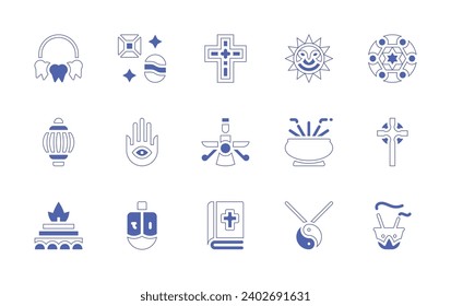 Spirituality icon set. Duotone style line stroke and bold. Vector illustration. Containing incense burner, hamsa, dreidel, bible, yin yang, yajna, vajra, presbyterian cross, zoroastrianism, sun, gems.