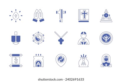 Spirituality icon set. Duotone style line stroke and bold. Vector illustration. Containing holy water, occult, cross, praying, dreidel, hanukkah, parchment, nun, yin yang, aromatherapy, priest.