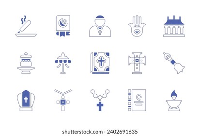 Spirituality icon set. Duotone style line stroke and bold. Vector illustration. Containing hamsa, quran, incense, temple, pastor, cross, parasol, water bowl, tibetan, bible, koran, pope, candle.