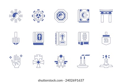 Spirituality icon set. Duotone style line stroke and bold. Vector illustration. Containing yin yang, torii gate, dharma wheel, koran, spinning top, holy bible, holy scriptures, vedas, palmistry.