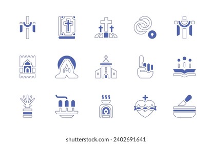 Spirituality icon set. Duotone style line stroke and bold. Vector illustration. Containing cross, commitment, parish, tawhid, bible, mat, knowledge, namaste, incense sticks, tibetan bowl, incense burn