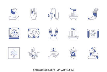 Spirituality icon set. Duotone style line stroke and bold. Vector illustration. Containing incense, om, yin yang, endless knot, stones, incense burner, offering, ouija, hamsa, spellbook, rabbits foot.