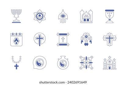 Spirituality icon set. Duotone style line stroke and bold. Vector illustration. Containing menorah, goblet, svadhishthana, hamsa, synagogue, calendar, cross, scroll, easter, rosary, church, meditation