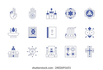 Spirituality icon set. Duotone style line stroke and bold. Vector illustration. Containing bible, candle, heart, worship, cross, holy water, blessing, quran, jainism, church, eye of ra, incense.