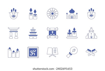 Spirituality icon set. Duotone style line stroke and bold. Vector illustration. Containing hamsa, dharma wheel, candles, mosque, torii, church, torah, temple, candle, quran, hinduism, ankh.