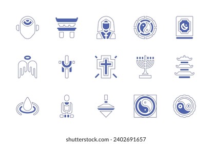 Spirituality icon set. Duotone style line stroke and bold. Vector illustration. Containing nun, cross, spinning top, third eye, shinto, quran, angel, pagoda, water, buddha, yin yang, menorah.