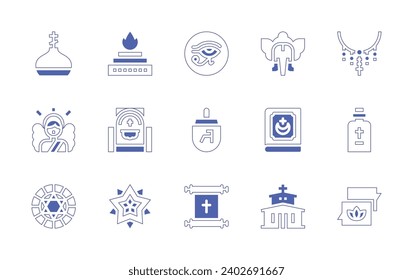 Spirituality icon set. Duotone style line stroke and bold. Vector illustration. Containing horus eye, spinning top, scroll, church, yajna, rosary, angel, holy water, davids star, mandala, chat.