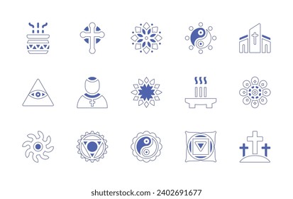 Spirituality icon set. Duotone style line stroke and bold. Vector illustration. Containing mandala, church, yin yang, calvary, incense, cross, god, priest, alternate, vishuddha, muladhara.