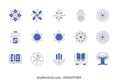 Spirituality icon set. Duotone style line stroke and bold. Vector illustration. Containing holy, jainism, star of david, mandala, hamsa, quran, occult arts, bach flowers, aromatherapy, dharma wheel.