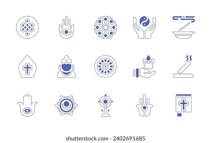 Juego de iconos de espiritualidad. Curso de línea de estilo duotónico y negrita. Ilustración vectorial. Con mandala, anfitrión, nudo interminable, hamsa, papa, krishna, svadhishthana, yin yang, palos de incienso, vela, incienso.