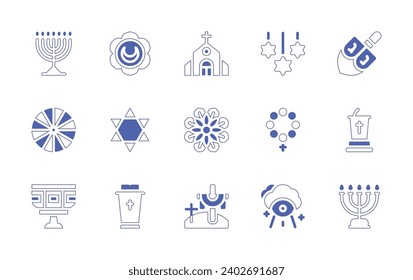 Spirituality icon set. Duotone style line stroke and bold. Vector illustration. Containing church, mandala, cross, menorah, svadhishthana, dharma wheel, star of david, baptism, lectern, spinning top.