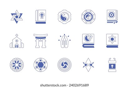 Spirituality icon set. Duotone style line stroke and bold. Vector illustration. Containing star of david, bible, church, temple, mandala, yin yang, koran, prayer, torah, gankyil, thelema, speech.