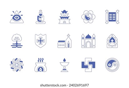Spirituality icon set. Duotone style line stroke and bold. Vector illustration. Containing caodaism, buddha, tree of life, templar, mandala, aromatherapy, pagoda, torah, yin yang, church, mosque.