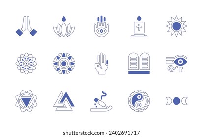 Spirituality icon set. Duotone style line stroke and bold. Vector illustration. Containing pray, ayyavazhi, spiritual wellness, mandala, eye of ra, manipura, valknut, wicca, hamsa, candle, mudra.