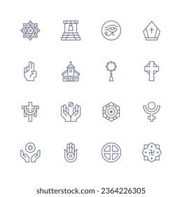 Spirituality icon set. Thin line icon. Editable stroke. Containing anahata, bell, blessing, church, cross, faith, energy, hamsa, horus eye, mala, mandala, native spirituality, pope crown, religion.