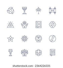 Spirituality icon set. Thin line icon. Editable stroke. Containing ayurveda, caodaism, druze, goblet, holy grail, jewish, mandala, menorah, parasol, quran, spirit, svadhishthana, torah, vedas.