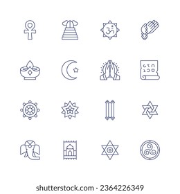 Spirituality icon set. Thin line icon. Editable stroke. Containing ankh, candle, dharma wheel, ganesha, heaven, islam, mandala, mat, ohm, pray, scripture, scroll, star of david, star, triskelion.