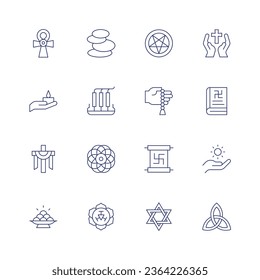 Spirituality icon set. Thin line icon. Editable stroke. Containing ankh, candle, cross, fruits, harmony, incense, mandala, manipura, occult arts, pray, scripture, scroll, spiritual, star of david.