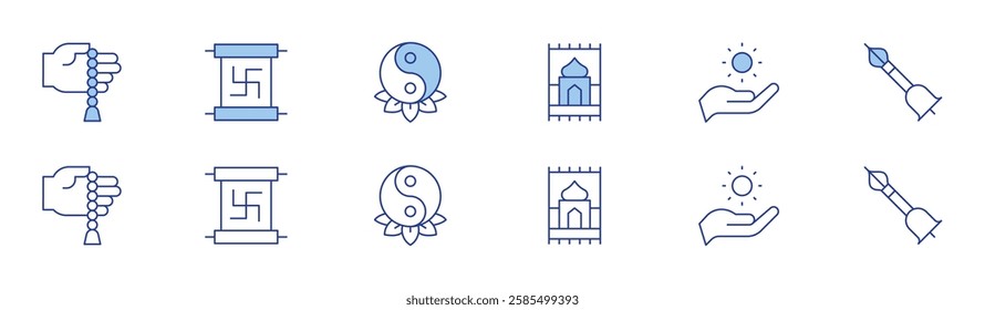 Spirituality icon set in two styles, Duotone and Thin Line style. Editable stroke. mat, pray, scroll, spiritual, tibetan, yin yang.