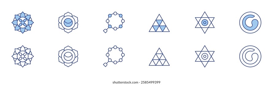 Spirituality icon set in two styles, Duotone and Thin Line style. Editable stroke. mandala, pythagoreanism, star, svadhisthana, tibetan, zen.