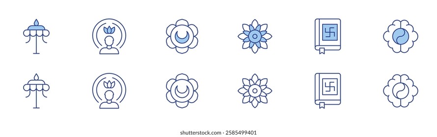 Spirituality icon set in two styles, Duotone and Thin Line style. Editable stroke. mandala, parasol, spirit, svadhishthana, vedas, yin yang.