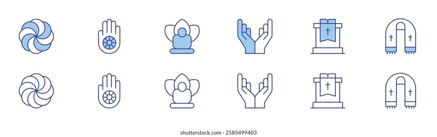 Spirituality icon set in two styles, Duotone and Thin Line style. Editable stroke. hetanism, jainism, meditation, praying, sermon, stole.