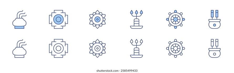 Spirituality icon set in two styles, Duotone and Thin Line style. Editable stroke. candle, dharma wheel, incense, incense burner, mandala.