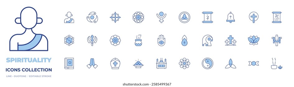 Spirituality icons collection. Line Duotone style, editable stroke. cross, fruits, hamsa, holy trinity, holy water, incense, mandala, pope, pray, quran, ra, sikhism, worship, yin yang.