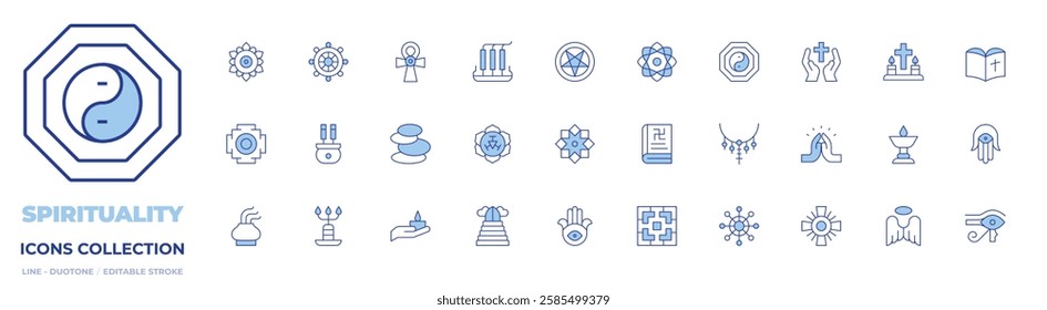 Spirituality icons collection. Line Duotone style, editable stroke. candle, dharma, hamsa, harmony, heaven, incense, incense burner, mandala, manipura, rosary, scripture.