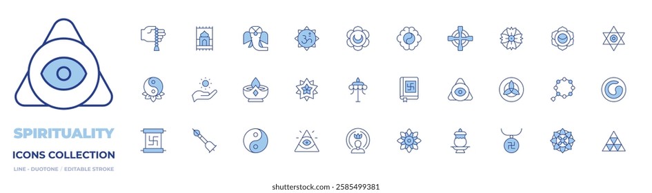 Spirituality icons collection. Line Duotone style, editable stroke. candle, caodaism, mandala, parasol, scroll, spirit, spiritual, tibetan, vedas, yin yang, yin yang symbol.