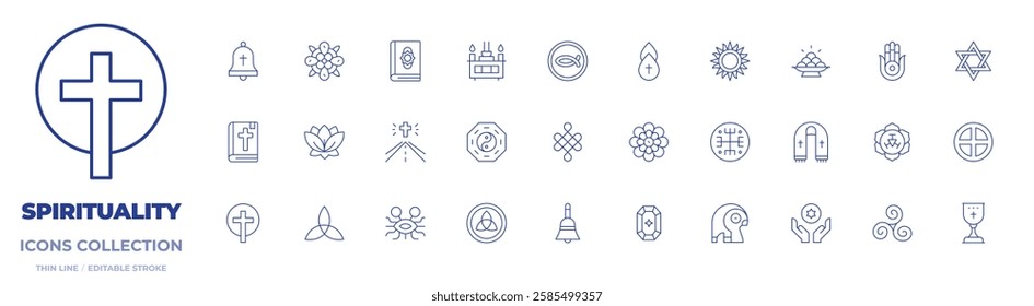 Spirituality icons collection. Thin Line icons, editable stroke. bell, christian, christianity, endless knot, holy water, lotus, mandala, quran, spiritual, worship, yin yang.