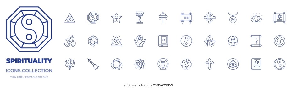 Spirituality icons collection. Thin Line icons, editable stroke. caodaism, druze, holy grail, jewish, om, parasol, pythagoreanism, quran, torah, yin yang, yin yang symbol.