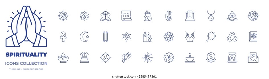 Spirituality icons collection. Thin Line icons, editable stroke. ankh, aromatherapy, candles, dharma wheel, islam, mandala, pray, scripture, scroll, star of david.