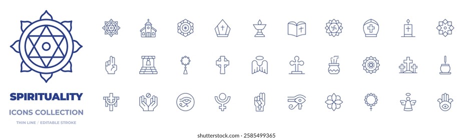 Spirituality icons collection. Thin Line icons, editable stroke. anahata, angel, bell, bible, blessing, butter lamp, church, cross, incense, mala, mandala, pope crown, pope, religion, spiritual.