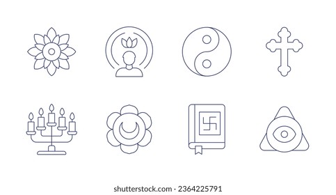 Spirituality icons. Editable stroke. Containing easter, god, mandala, menorah, spirit, svadhishthana, vedas, yin yang symbol.