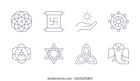 Spirituality icons. Editable stroke. Containing dharma wheel, ganesha, mandala, manipura, scroll, spiritual, star of david, triqueta.