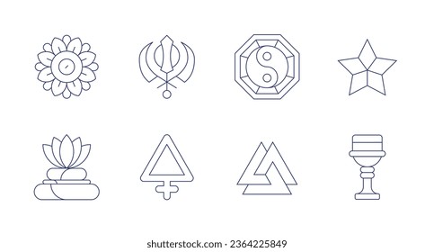 Spirituality icons. Editable stroke. Containing druze, goblet, mandala, meditation, sikhism, sulfur, valknut, yin yang.