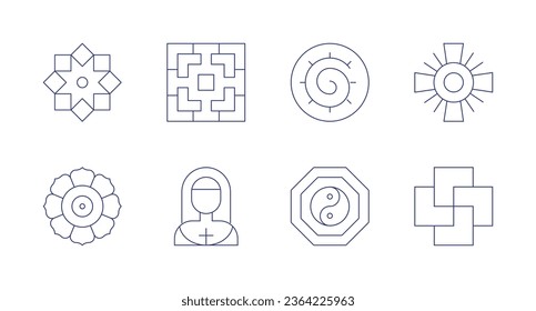 Iconos de espiritualidad. Trazo editable. Con neopaganismo cruzado, finlandés, mandala, monja, espiritual, taoísmo.