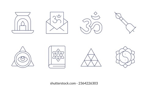 Spirituality icons. Editable stroke. Containing aromatic candle, cao dai, hinduism, jewish, om, pythagoreanism, tibetan, yin yang.